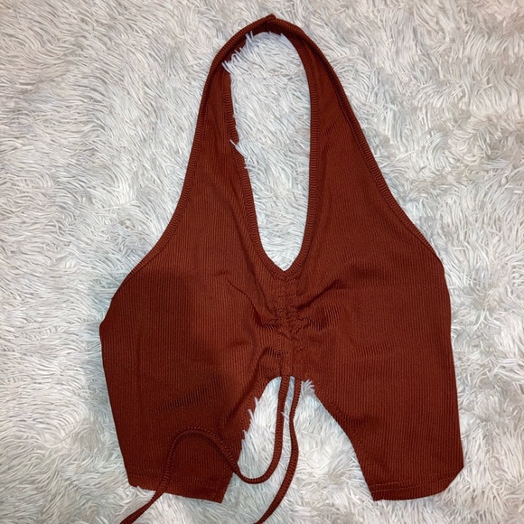 Burnt Orange Halter Drawstring Crop Top - Picture 2 of 5